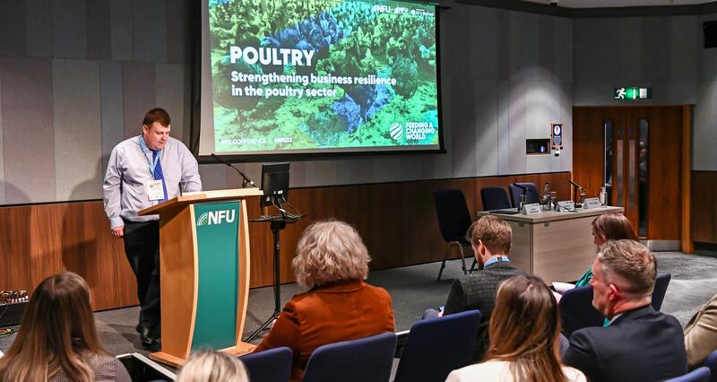 An image of NFU Poultry Board chair James Mottershead speaking at the livestock commodity session