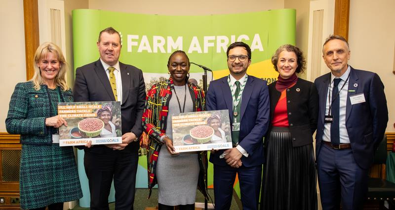 A photo from Farm Africa's parliamentary reception held at the Houses of Parliament on Tuesday 16 January. L-R: NFU President Minette Batters, Mark Spencer MP, Dr Diana Onyango (Farm Africa), Saqib Bhatti MP, Sarah Champion MP, Dan Collison (Farm Africa).