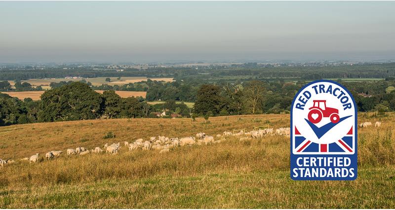 A photo of UK farmland with the red tractor logo on the right of the image.