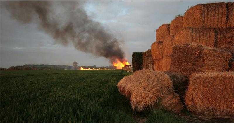 A photo of a fire on farm.