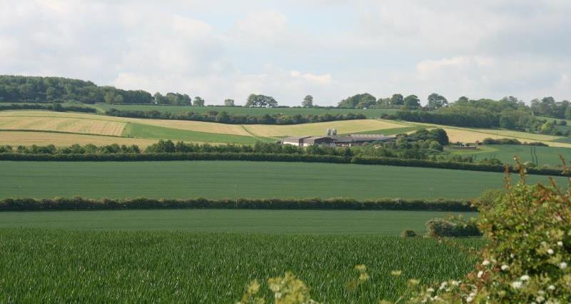 A picture of a farmed landscape with green fields and farm buildings in the distance