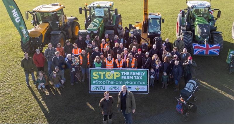 A drone photo of NFU President Tom Bradshaw with farmers and tractors on Parker's Piece in Cambridge