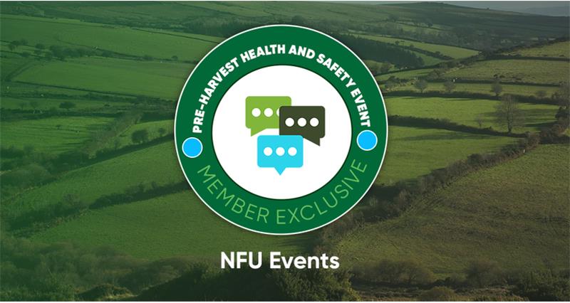 A graphic showing a farm landscape which says 'pre harvest health and safety event'