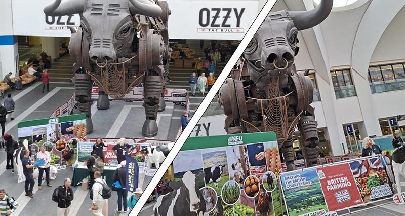 NFU Midlands engaging with the public in front of Ozzy the Bull at Birmingham New Street