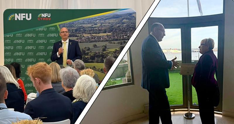 Composite of Tom Bradshaw speaking to audience and Tom speaking to Dame Angela Eagle
