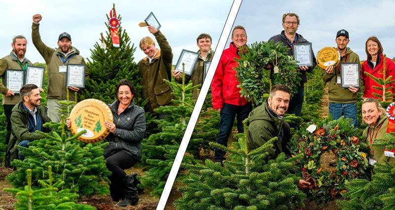 Winners of the BCTGA Awards posing for group photos in a field of Christmas trees