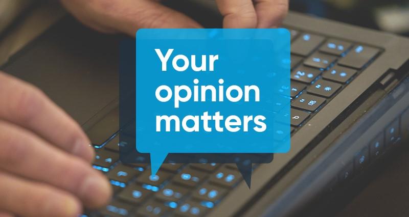 'Your opinion matters' icon with hands on a keyboard
