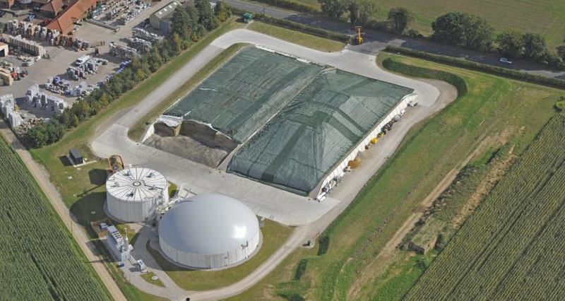 An aerial view of an anaerobic digestion plant on a farm