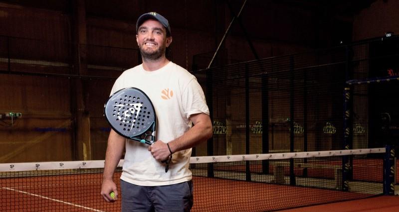 Callum Stark poses on one of his padel courts as part of a shoot for Student Farmer magazine.