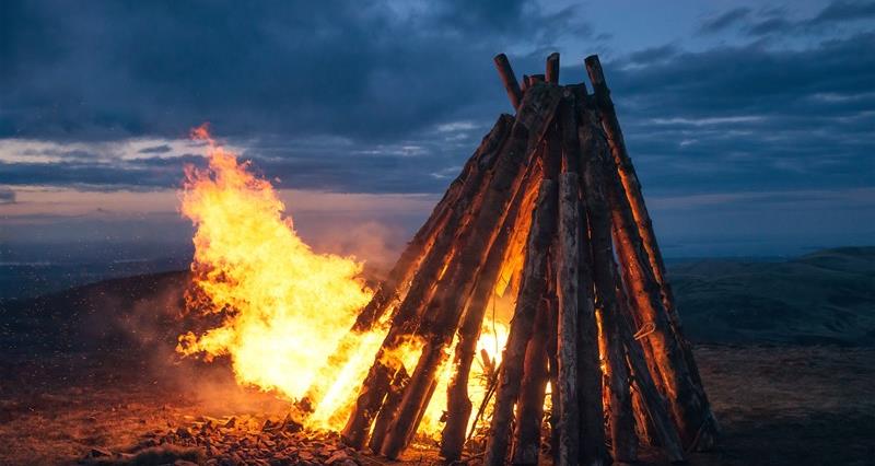 A just-lit beacon bonfire
