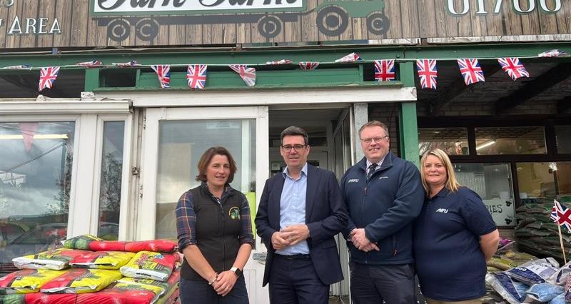 Margaret Lees of Park Farm Shop and Tearoom in Bury with Mayor of Greater Manchester Andy Burnham, NFU Director General Terry Jones and NFU Lancashire County Adviser Liz Berry