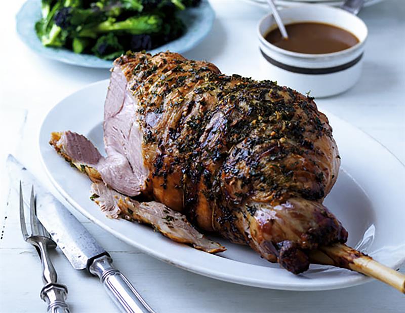 Garlic and herb butter roast lamb with cider gravy