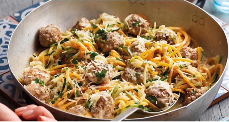 Pork meatballs with vegetable ribbons