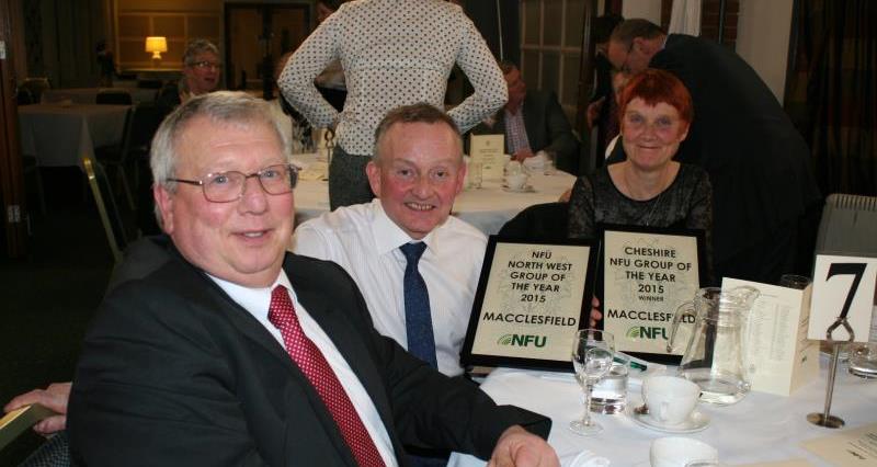 Macclesfield branch chairman Mike Gorton with Group Secretary Keith Brightmore and wife. The Macclesfield office of the NFU were rewarded for the best membership retention and recruitment in the county and whole region._32478